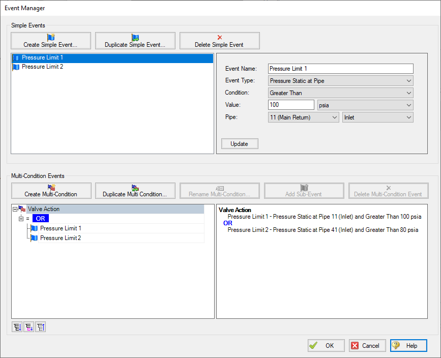 The event manager window of for the multiple event type transient event is shown.